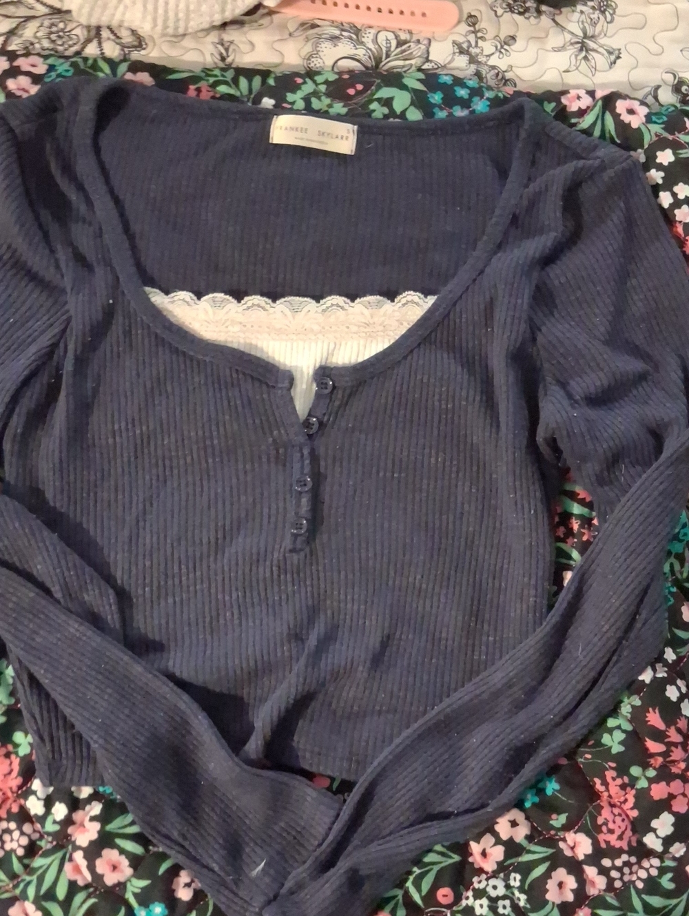 A New Day Navy Ribbed Henley Scoop Neck Long Sleeve Top